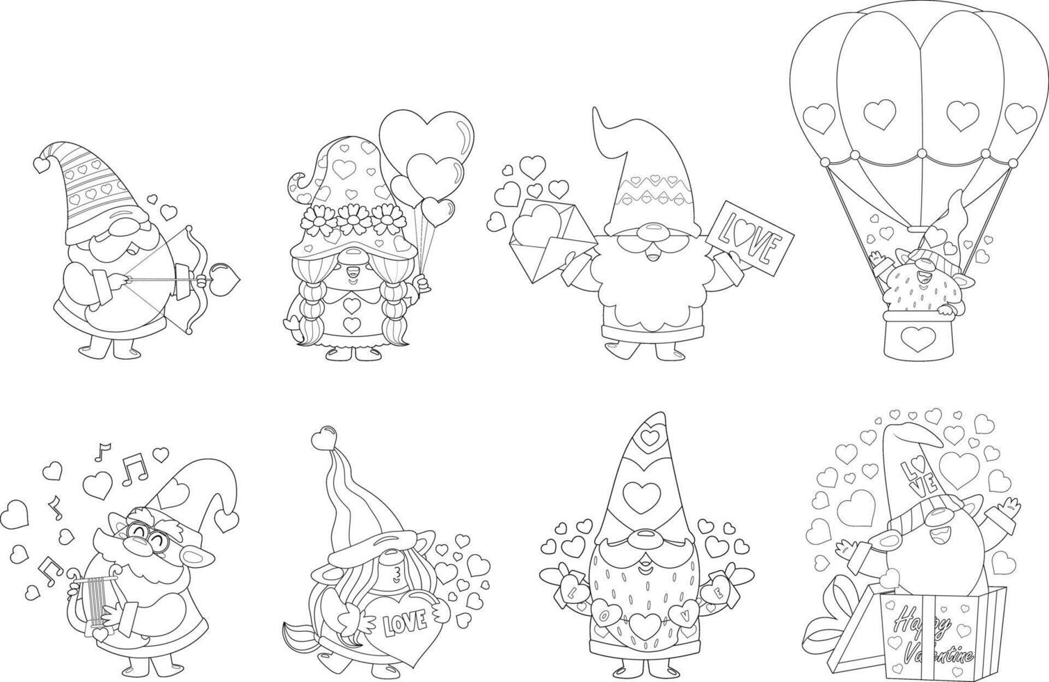 Outlined Cute Valentine Gnomes Cartoon Characters. Hand Drawn Collection Set Isolated On Transparent Background vector