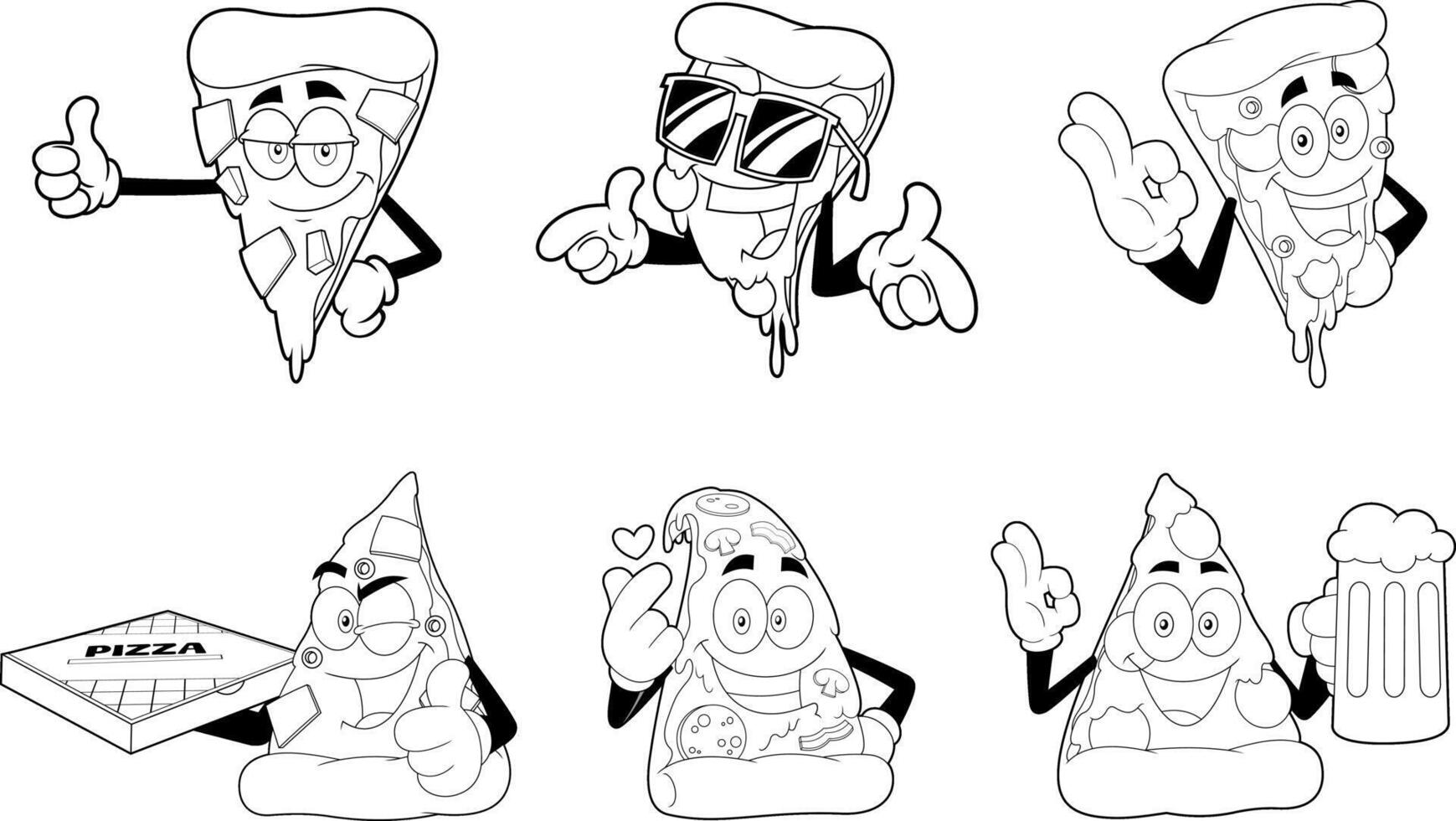 Outlined Funny Pizza Slice Cartoon Characters. Hand Drawn Collection Set Isolated On Transparent Background vector