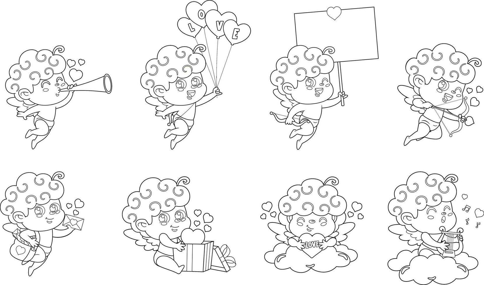 Outlined Cute Cupid Angel Cartoon Character. Hand Drawn Collection Set Isolated On Transparent Background vector