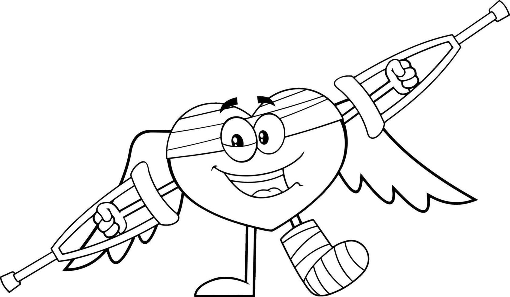 Outlined Broken Heart Cartoon Character With Crutches And Plastered Leg. Illustration Isolated On Transparent Background vector