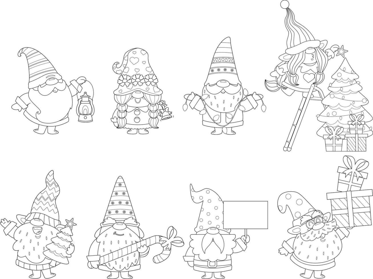 Outlined Cute Christmas Gnomes Cartoon Characters. Hand Drawn Collection Set Isolated On Transparent Background vector