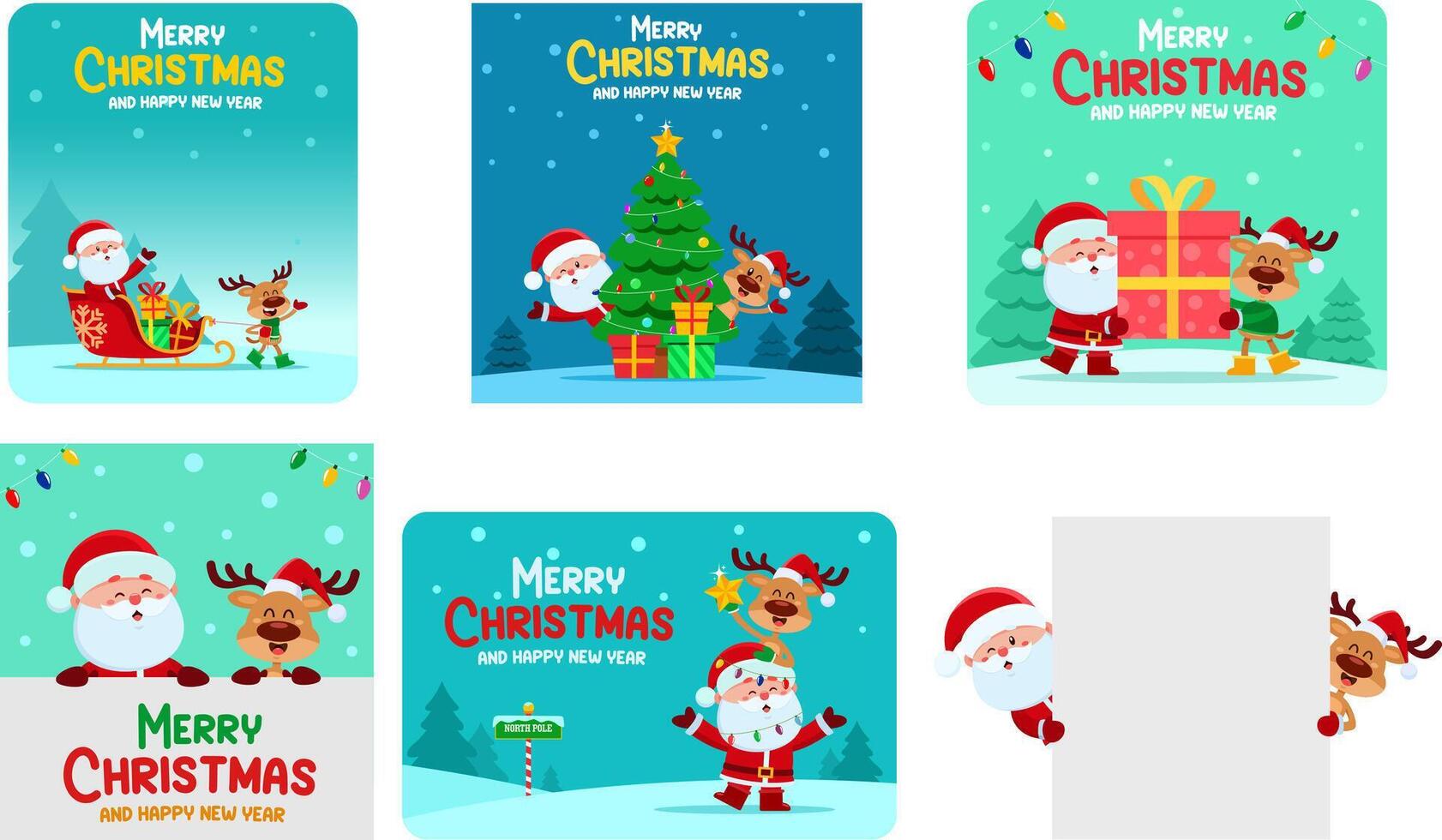 Merry Christmas Greeting Cards With Santa Claus, Reindeer, Snowman And Elf. Hand Drawn Collection Set vector