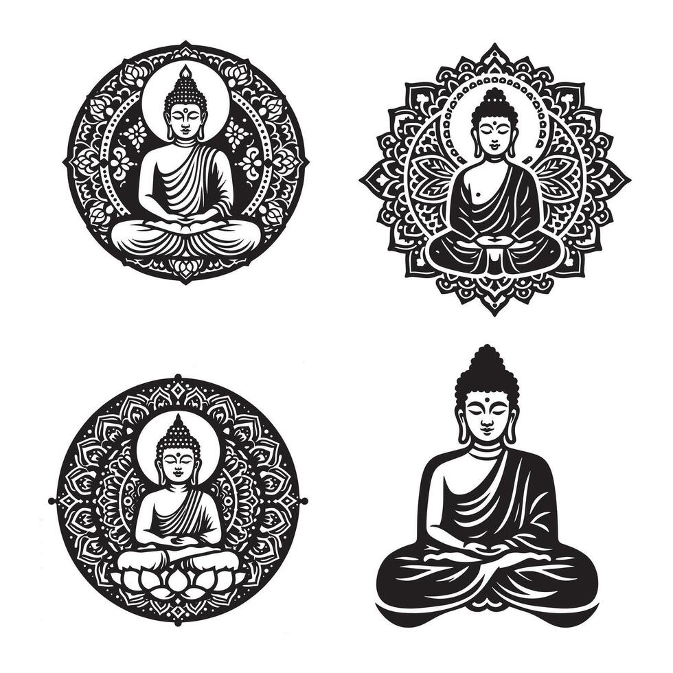 A statue of a buddha is shown with its hand up Bundle vector