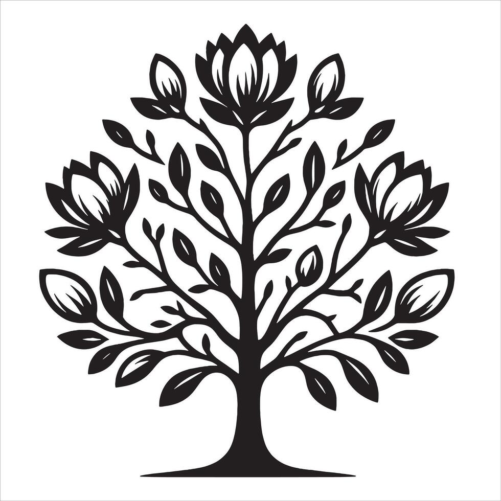 A magnolia tree illustration in black and white vector