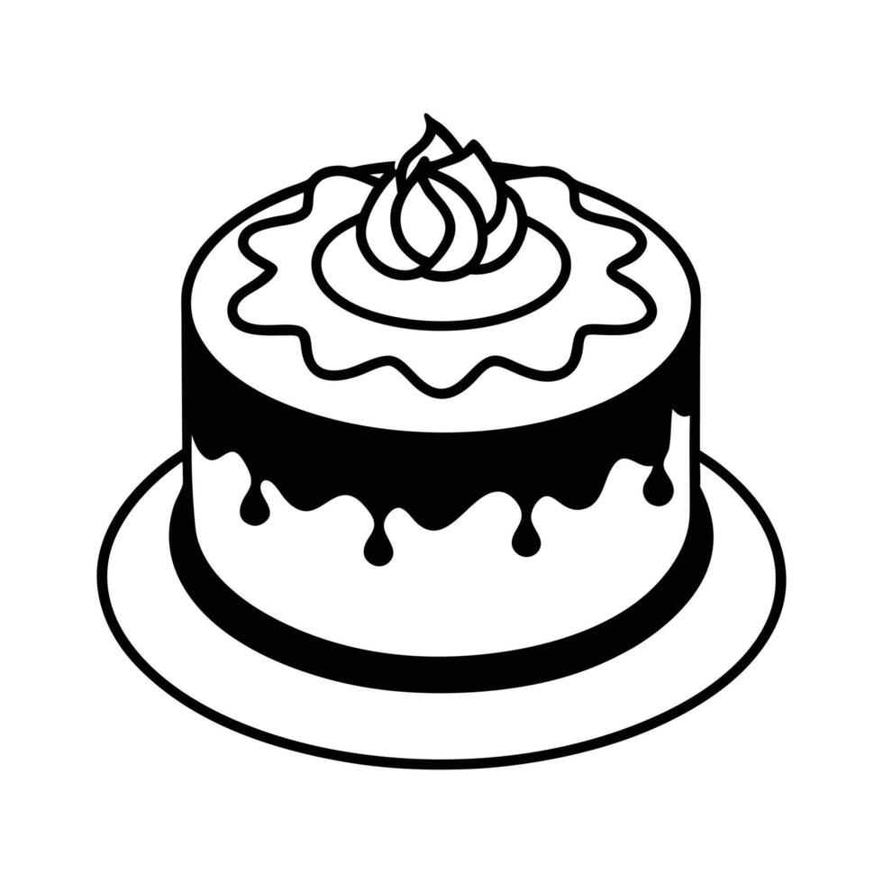 Black and White Cake Silhouette Elegant Dessert Illustration with Dripping Icing and Rose Decoration - Perfect for Bakery Logos, Wedding Themes, Celebration Graphics vector