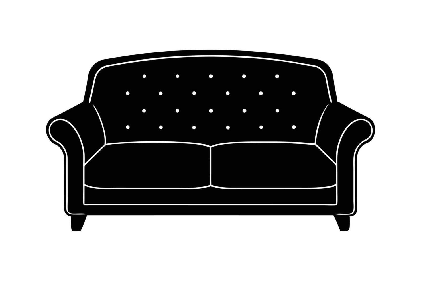 Black Silhouette Sofa Classic Two-Seater Couch with Tufted Backrest and Rolled Armrests - Perfect for Furniture Design, Interior Decor Projects vector