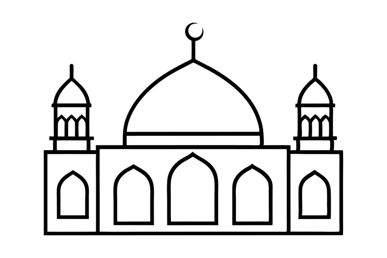 Minimalist Mosque Outline Black and White Line Art Illustration Featuring Domes and Minarets - Perfect for Islamic Art, Eid, Ramadan, Religious Architecture, and Modern Graphic Design Projects vector