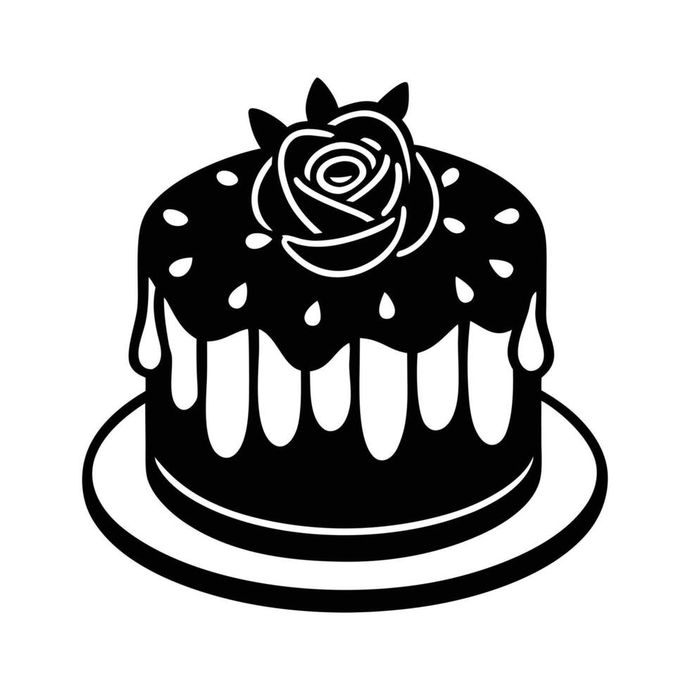 Elegant Cake Silhouette Black and White Illustration with Dripping Icing and Rose Decor vector