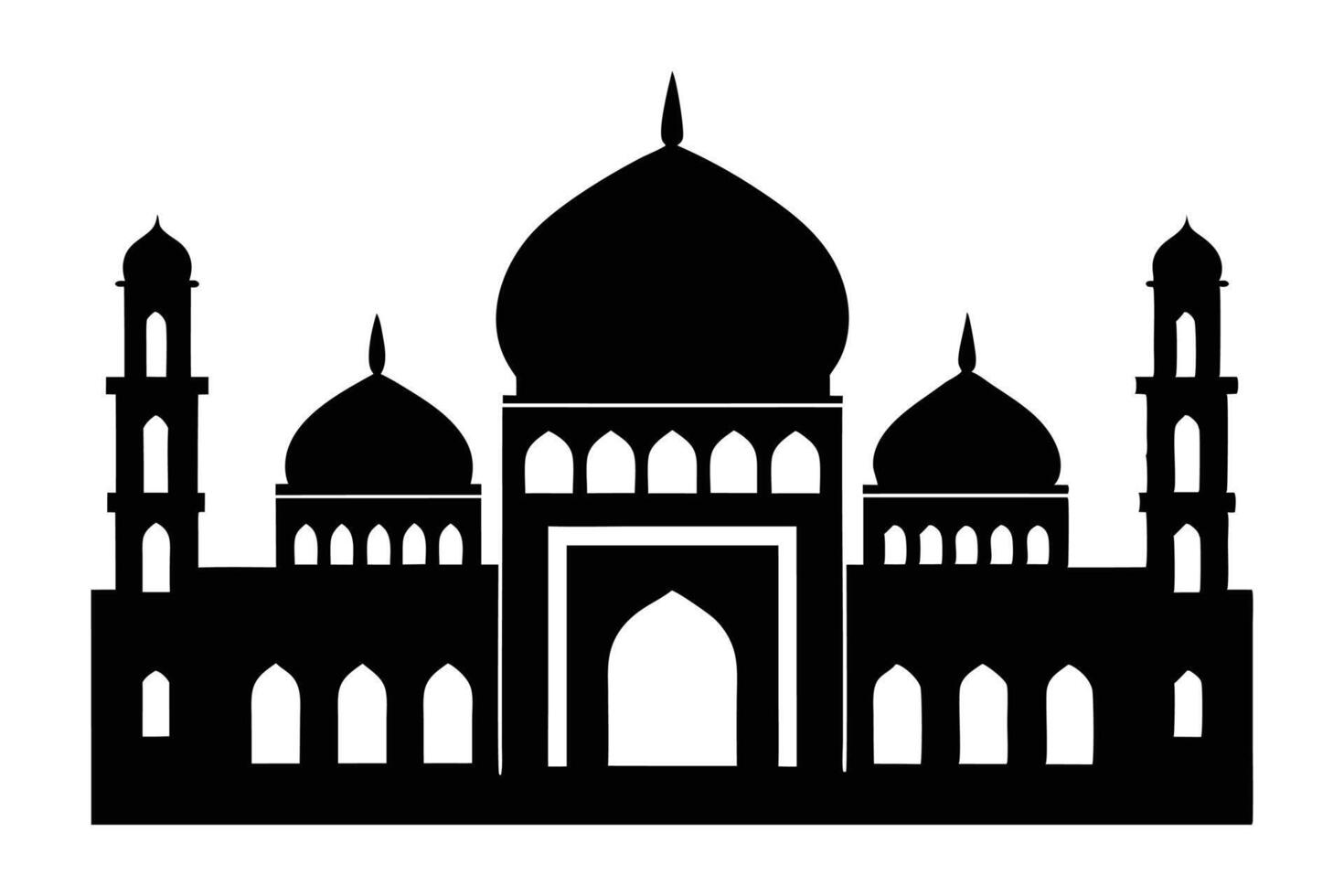 Islamic Mosque Silhouette Elegant Black Illustration Featuring Domes and Minarets - Ideal for Ramadan, Eid, Religious Themes, Architecture Designs, Spiritual Graphics, and Cultural Art Projects vector