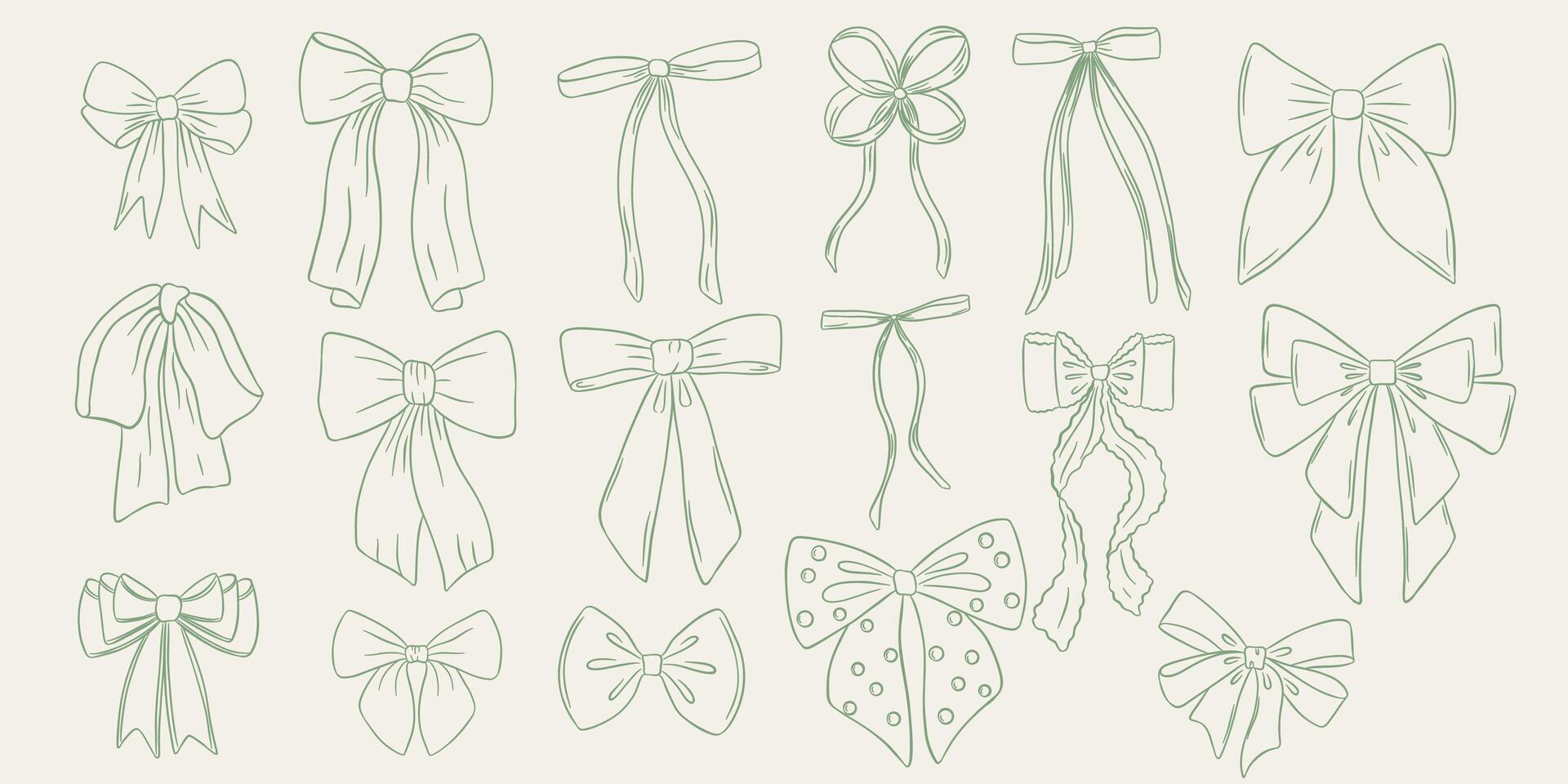 Set of bow in vintage style. Doodle outline bow. Design elegant green elements vector
