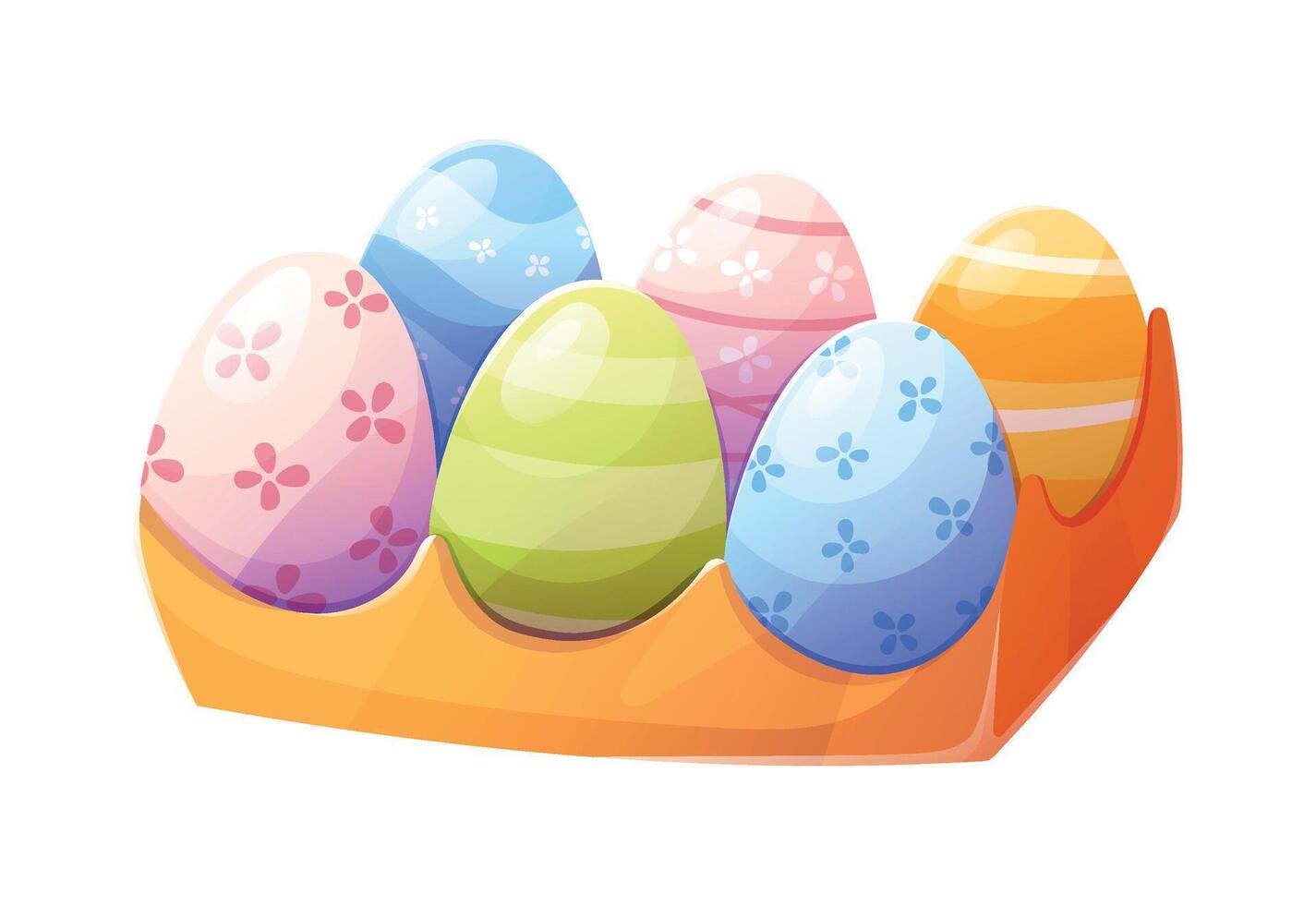 Bright colorful Easter eggs in a decorative holder, cartoon isolated illustration, featuring floral and striped patterns. Perfect for holiday designs, digital projects, and festive decorations vector