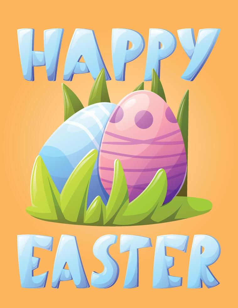 Bright cheerful Easter greeting gift card design featuring colorful eggs, lush green grass, and bold Happy Easter text. Perfect for festive decorations, digital greetings, or seasonal projects vector