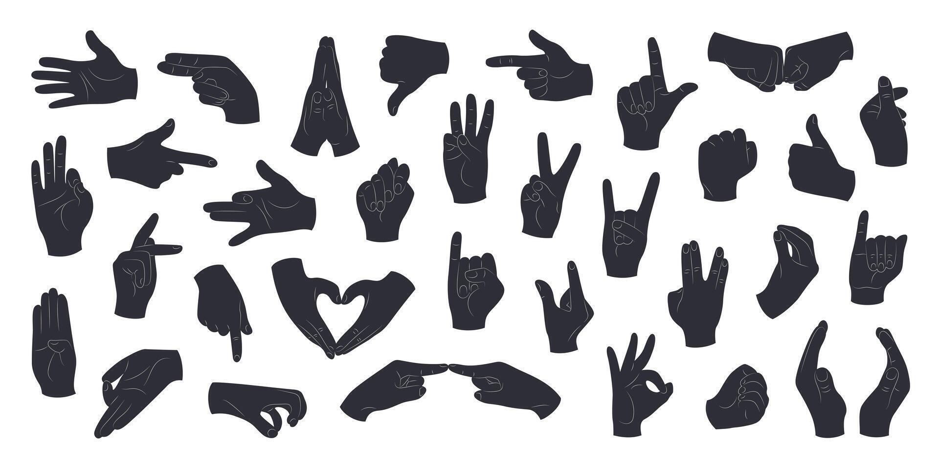 Silhouettes of human hands with different gestures and positions. Hands showing rock sign, OK, luck, greeting, like, dislike, fist, love. Isolated black illustrations on a white background. vector