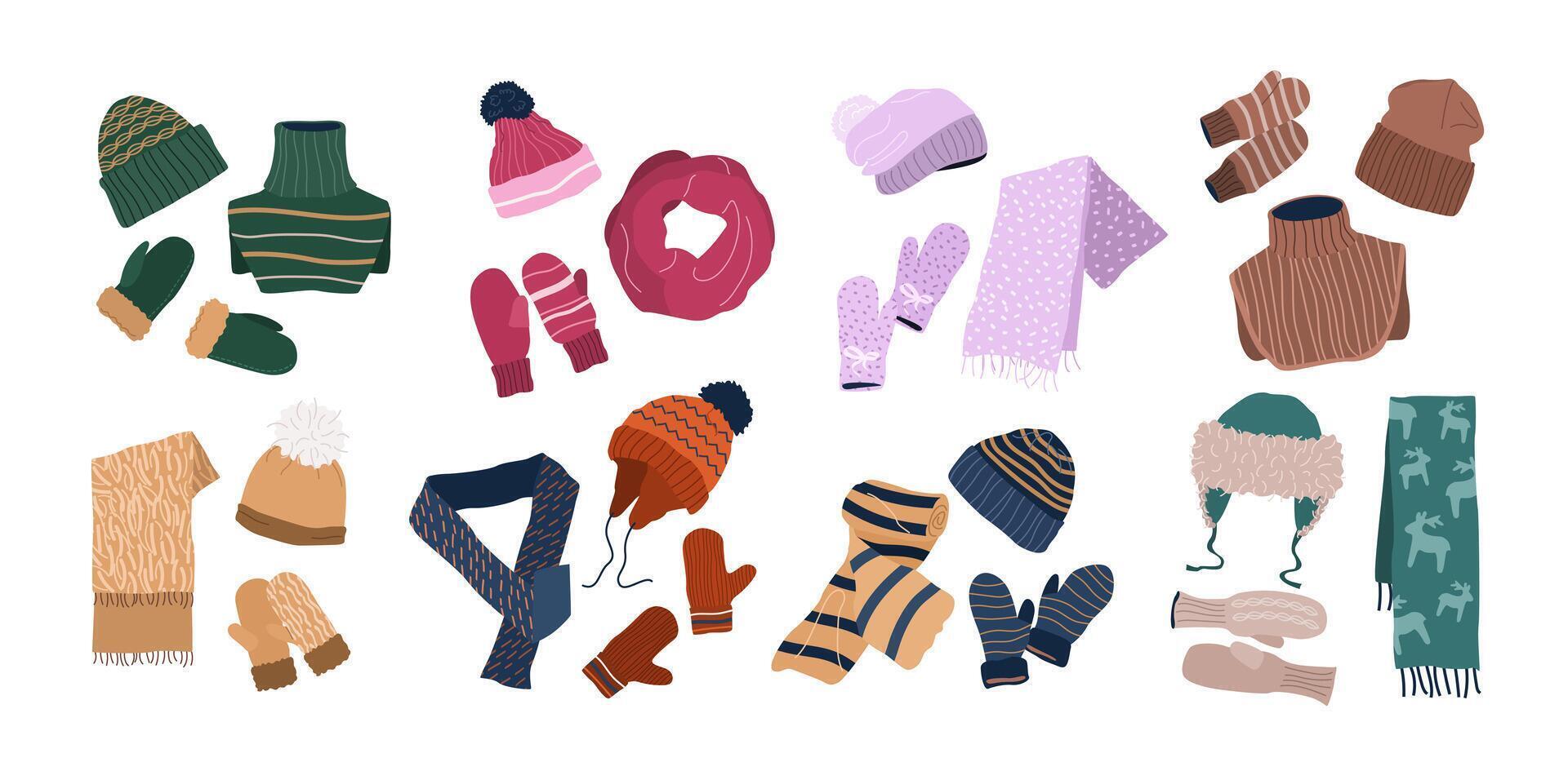 Set of winter scarves, hats and gloves. Woolen, knitted and cotton accessories for men, women, and kids. Fashion collection. Stylish warm garments. Isolated flat illustrations on white. vector