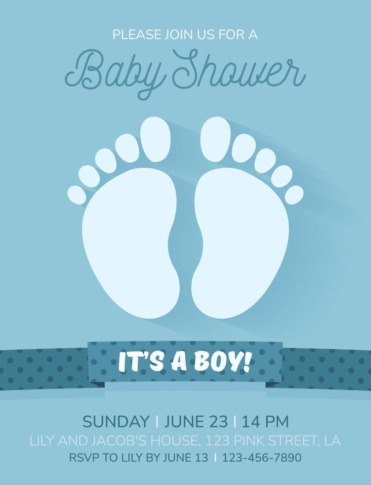 Simple invitation card for a baby shower, birthday, or gender reveal party. It's a Boy. Isolated vertical postcard template with footprints, ribbon and text on blue background. vector