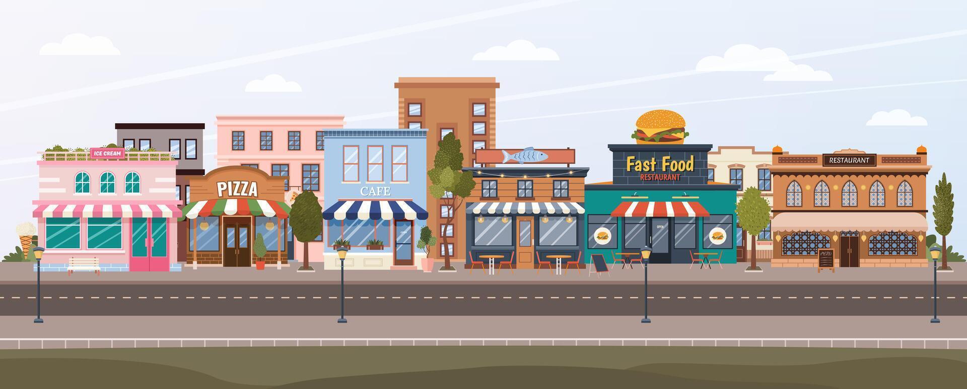 Panorama of modern city. Cityscape with municipal buildings, ice cream, fast food, Indian, fish restaurant, pizza, cafe, park, trees. Horizontal urban landscape. Flat illustration of town view vector
