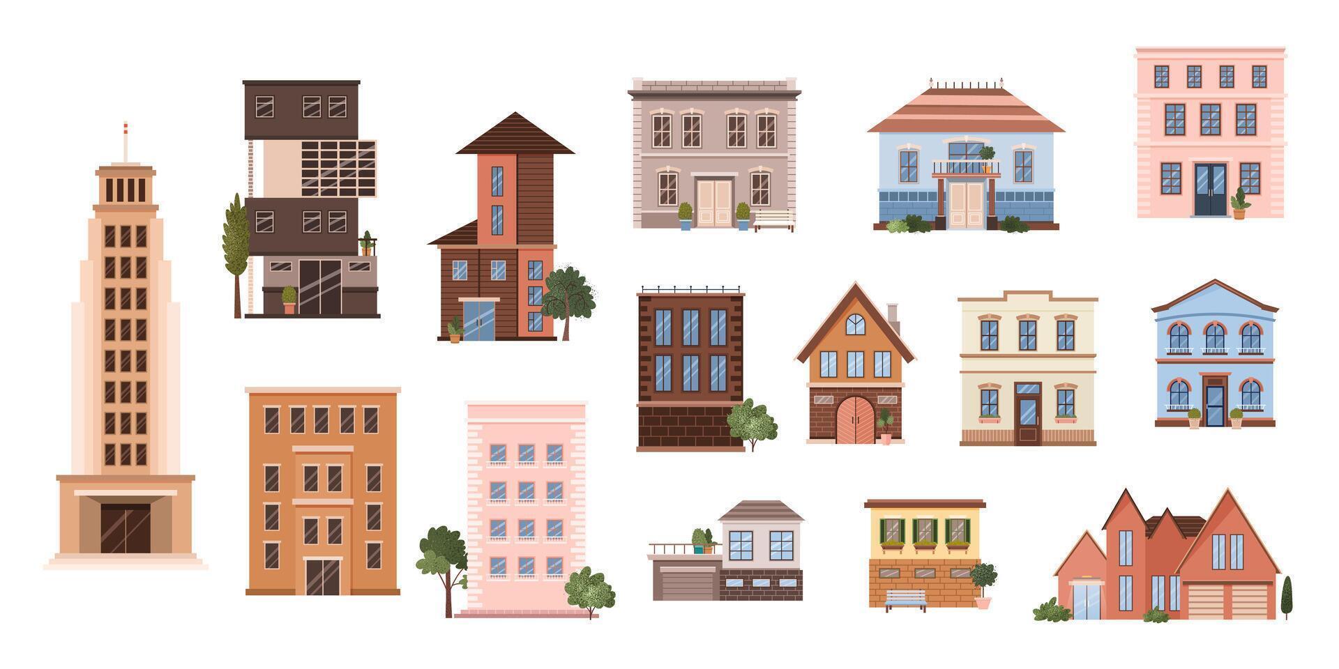 Set of flat urban and countryside building icons. Isolated skyscraper, apartment building, cottage, country house, villa on white background. Flat illustrations of urban and suburban life. Clip art. vector