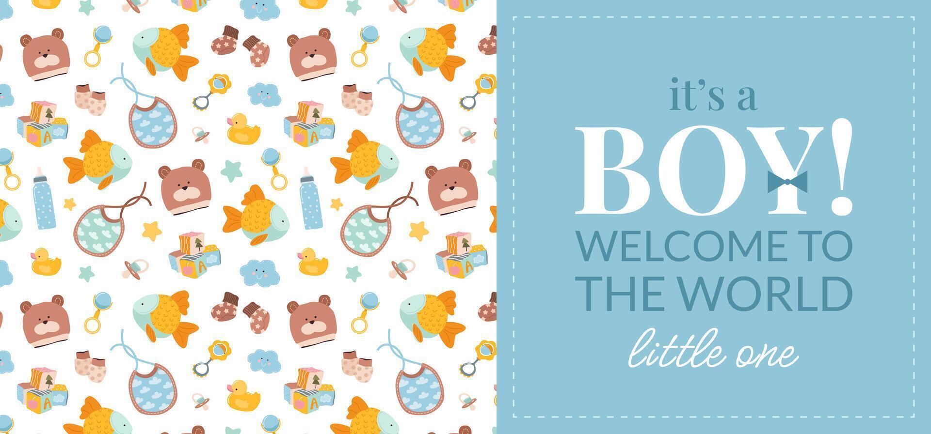 Cute invitation card or flyer for a baby shower, birthday, or gender reveal party. It's a Boy design. Horizontal template with a baby themed pattern and text on blue background. vector