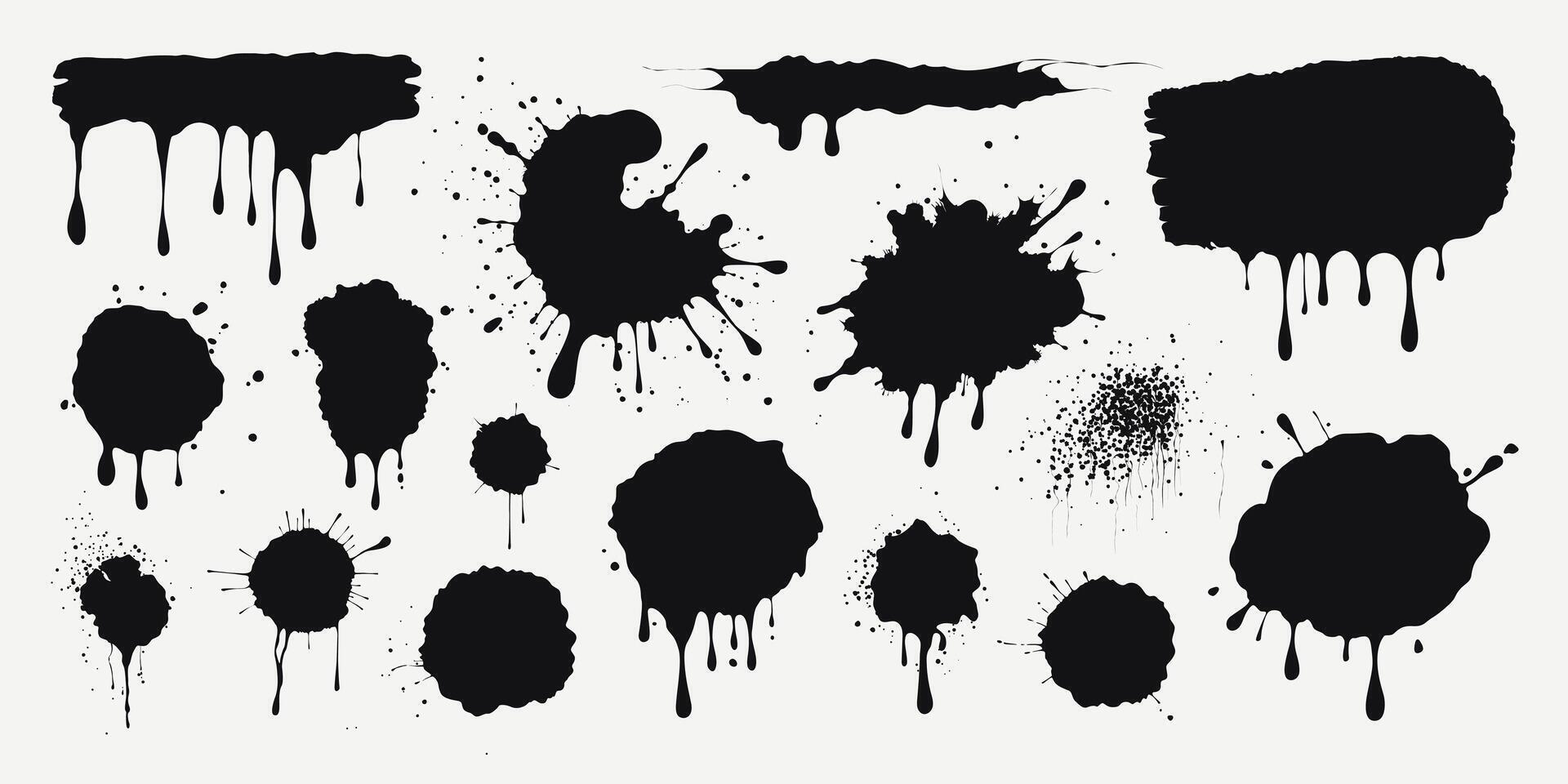Set of black paint splashes, ink drops, grunge liquid drips and splashes. Stains with scattered and dripping droplets. Isolated elements. Blobs of various shapes. Abstract illustrations. vector