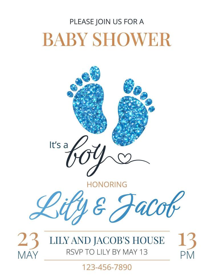 Invitation card for baby shower or birthday party. It's a boy. Simple postcard template with footprints, blue glitter and text on white background. Vertical festive card. vector