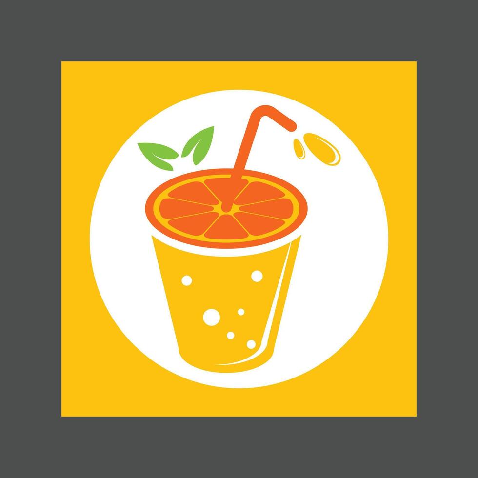 An orange smoothie or milkshake with a straw and orange slices in a yellow circular frame vector