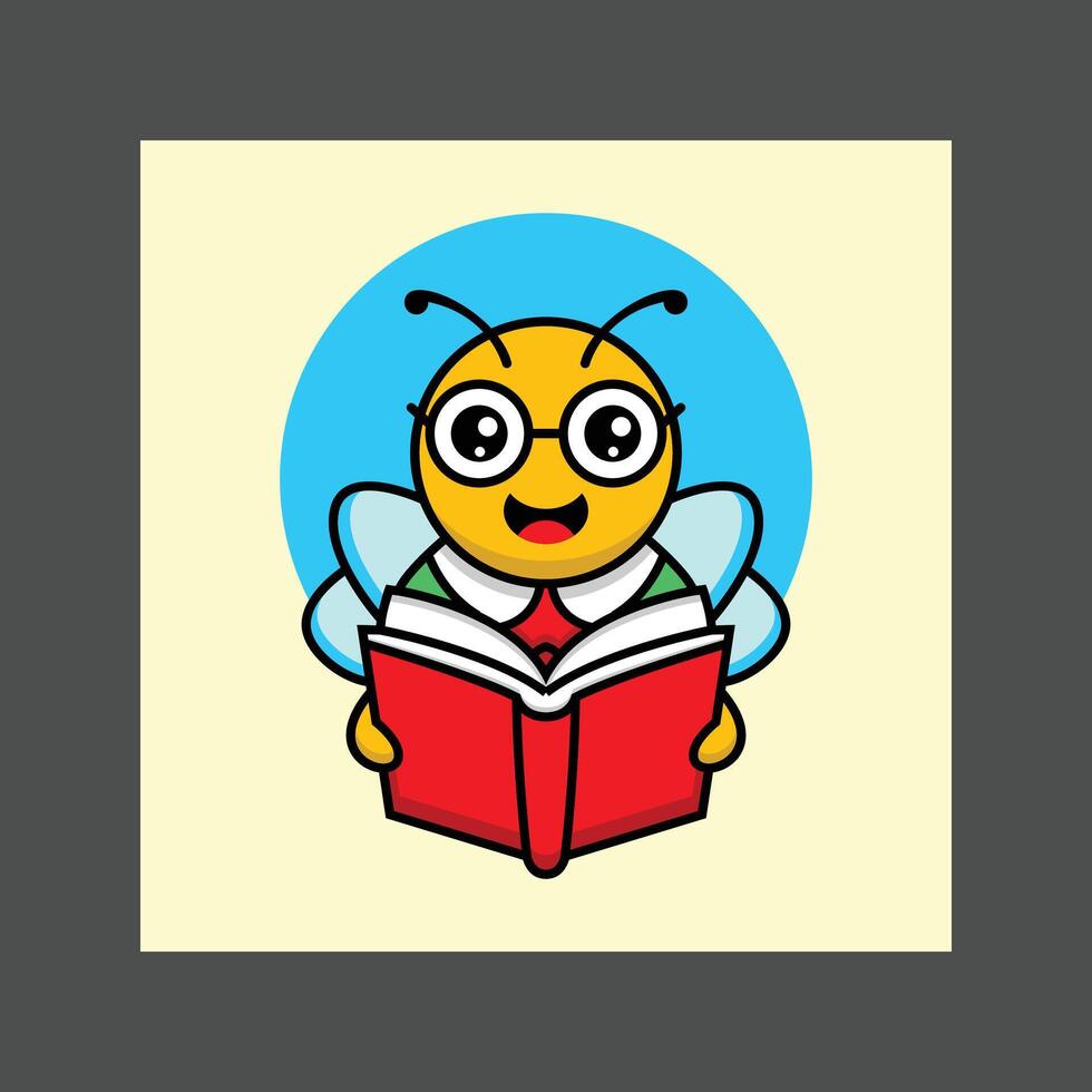A cute cartoon bee with big eyes and a red bowtie reading a book vector