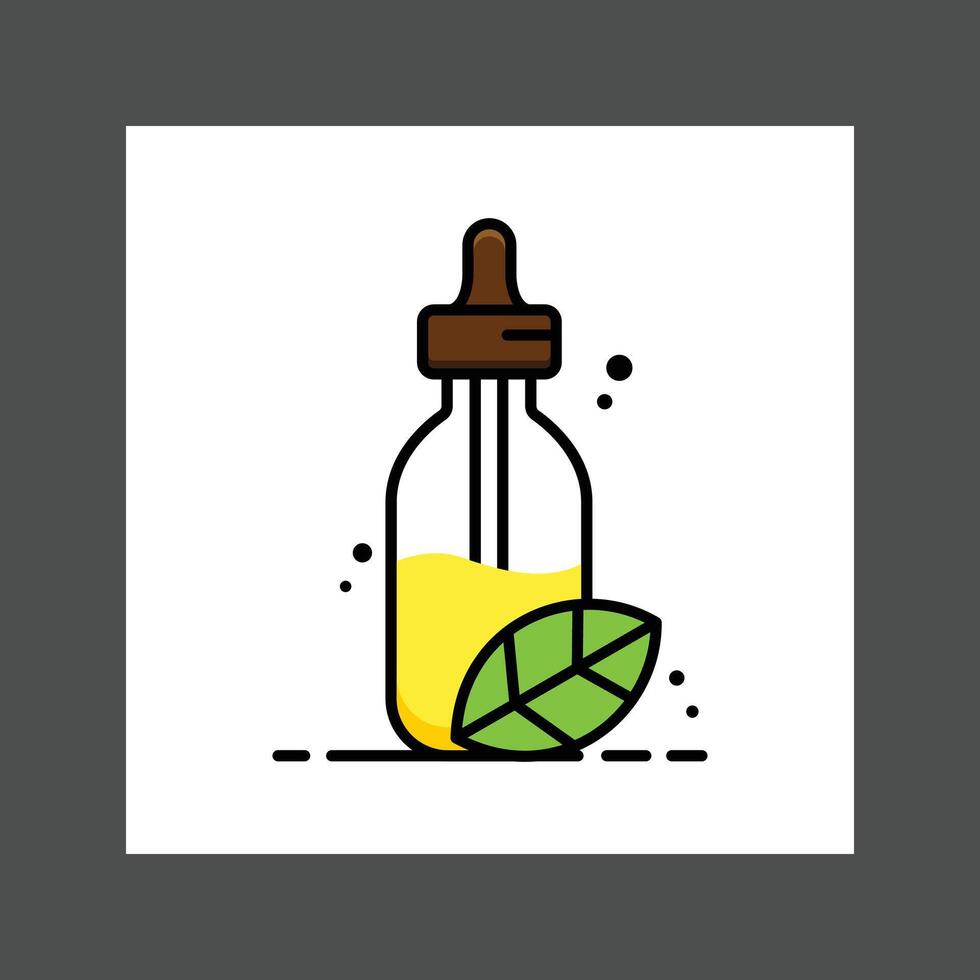 A glass bottle with a dropper filled with a yellow liquid and a green leaf vector