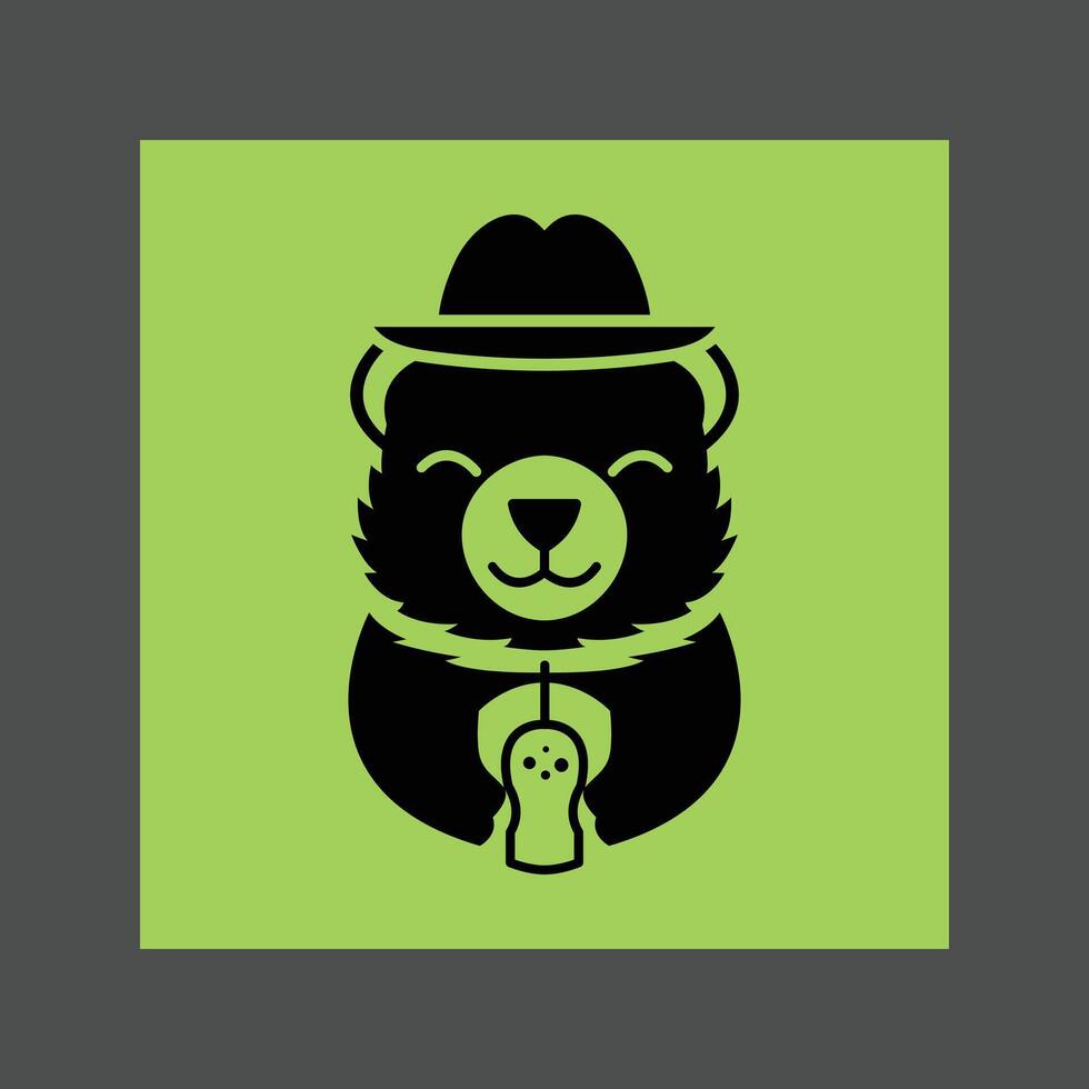 A black silhouette of a panda bear wearing a hat and holding a microphone on a green background vector