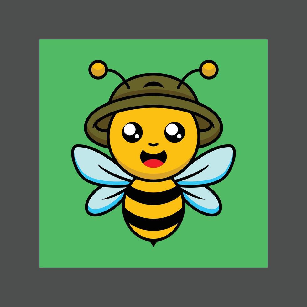 A cute cartoon bee with a smiling face, wearing a green hat, against a green background vector