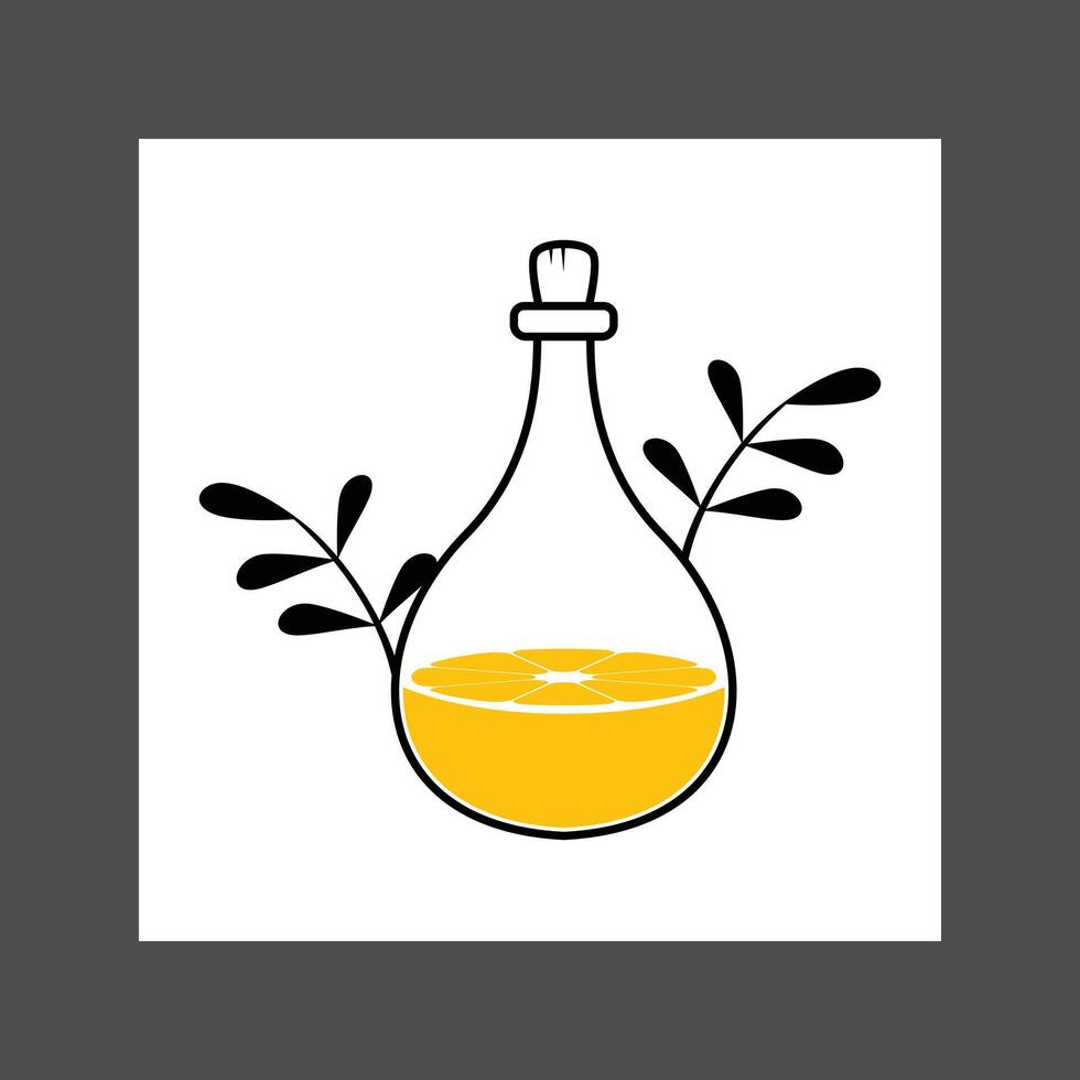 A glass bottle with a yellow liquid inside, surrounded by black silhouettes of leaves or branches vector