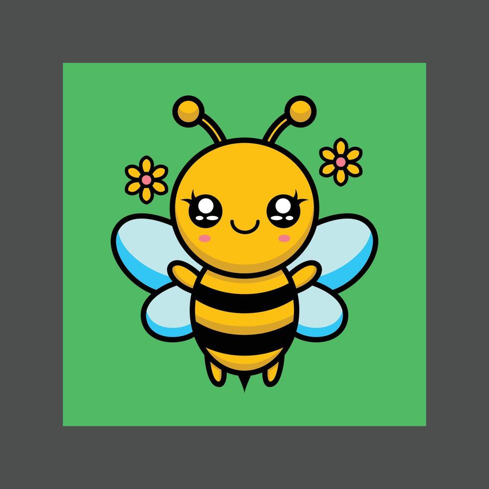 A cute cartoon bee with a smiling face, large eyes, and antennae, against a green background vector
