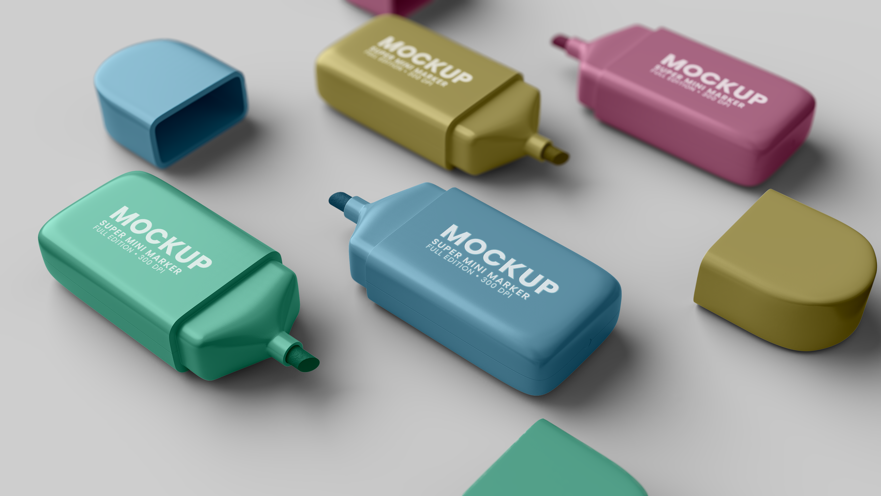 super mini markers mockup, close-up view psd