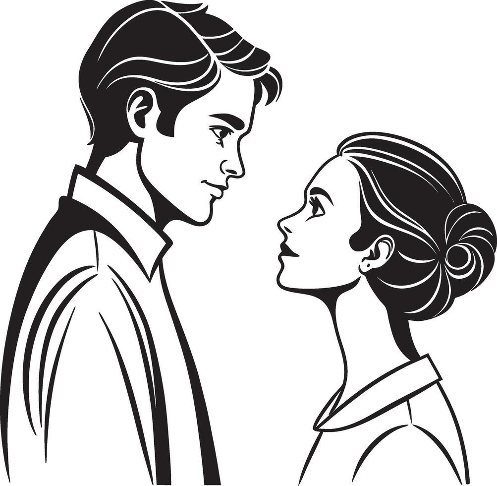 a man and woman are looking at each other in a black and white drawing vector