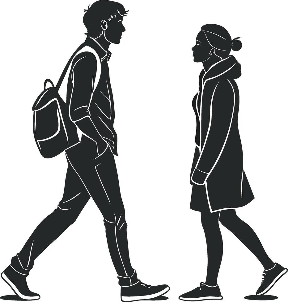 silhouette of a man and woman walking and lokking each other vector