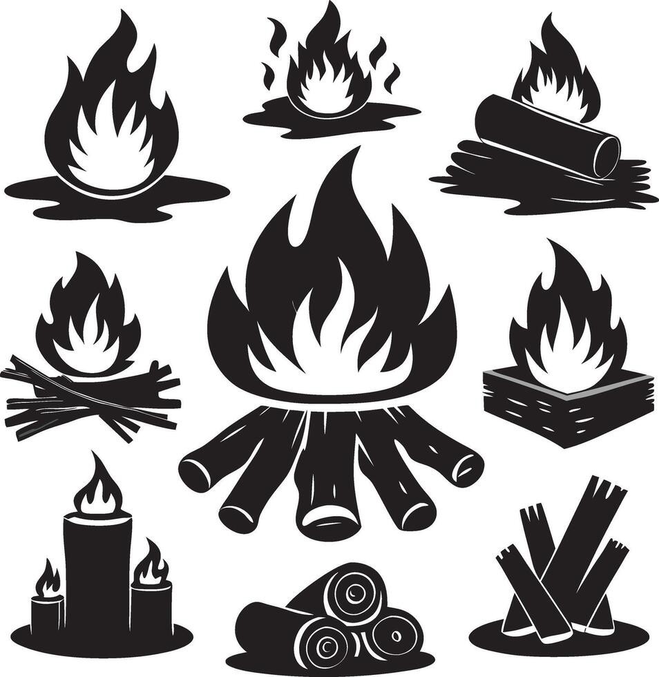 various black and white silhouettes of fire and logs vector