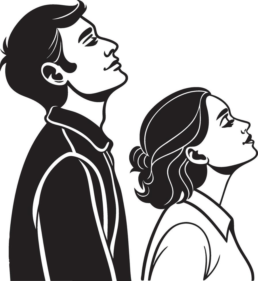 a man and woman are looking up at the sky vector