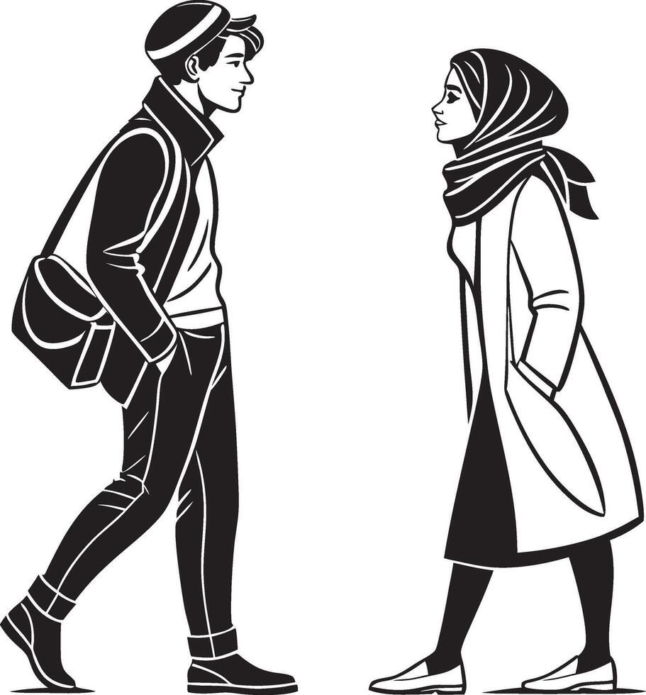 a man and woman in black and white are walking love vector