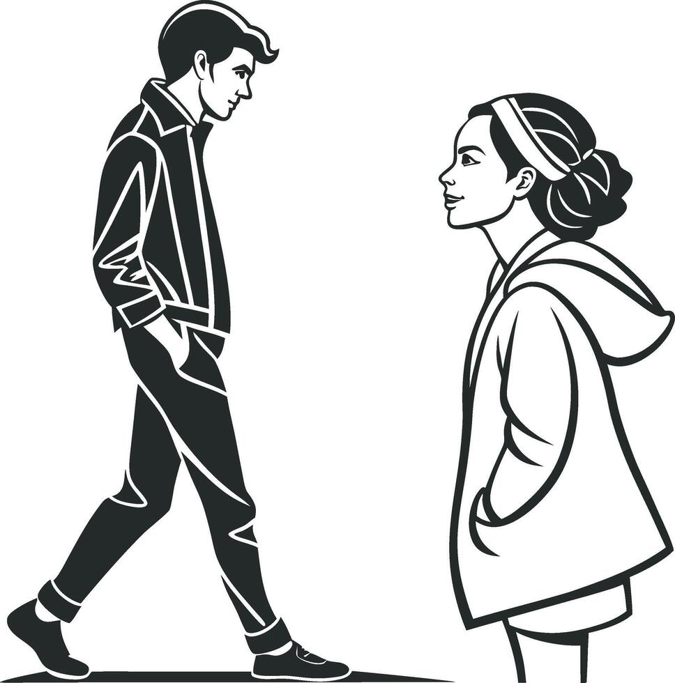 a man and woman walking together in black and white vector
