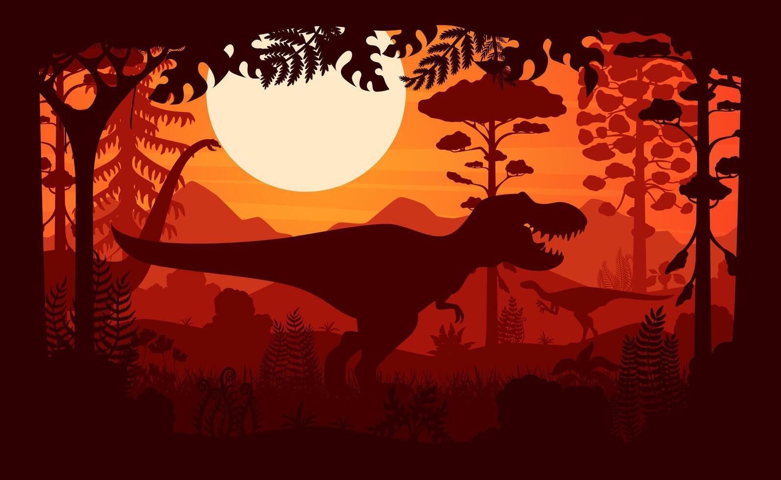 Prehistoric dinosaurs silhouettes in jungle vector