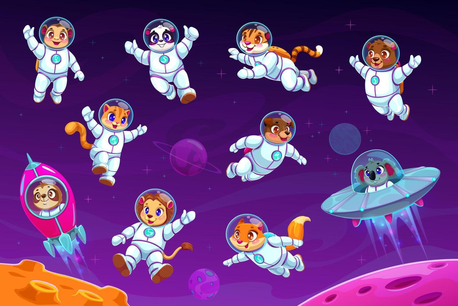 Cartoon animal astronauts in space, set vector