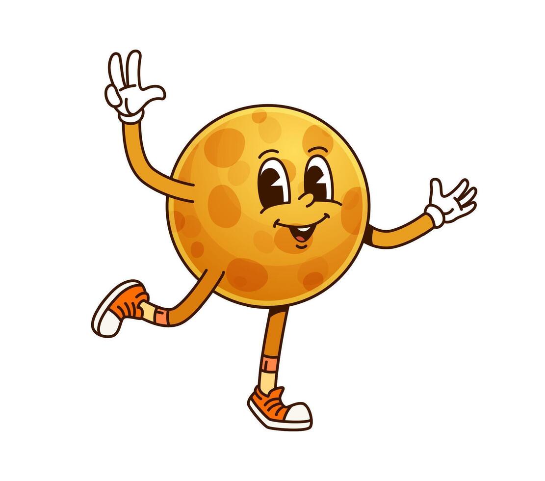 Solar system groovy planet character, moon globe vector