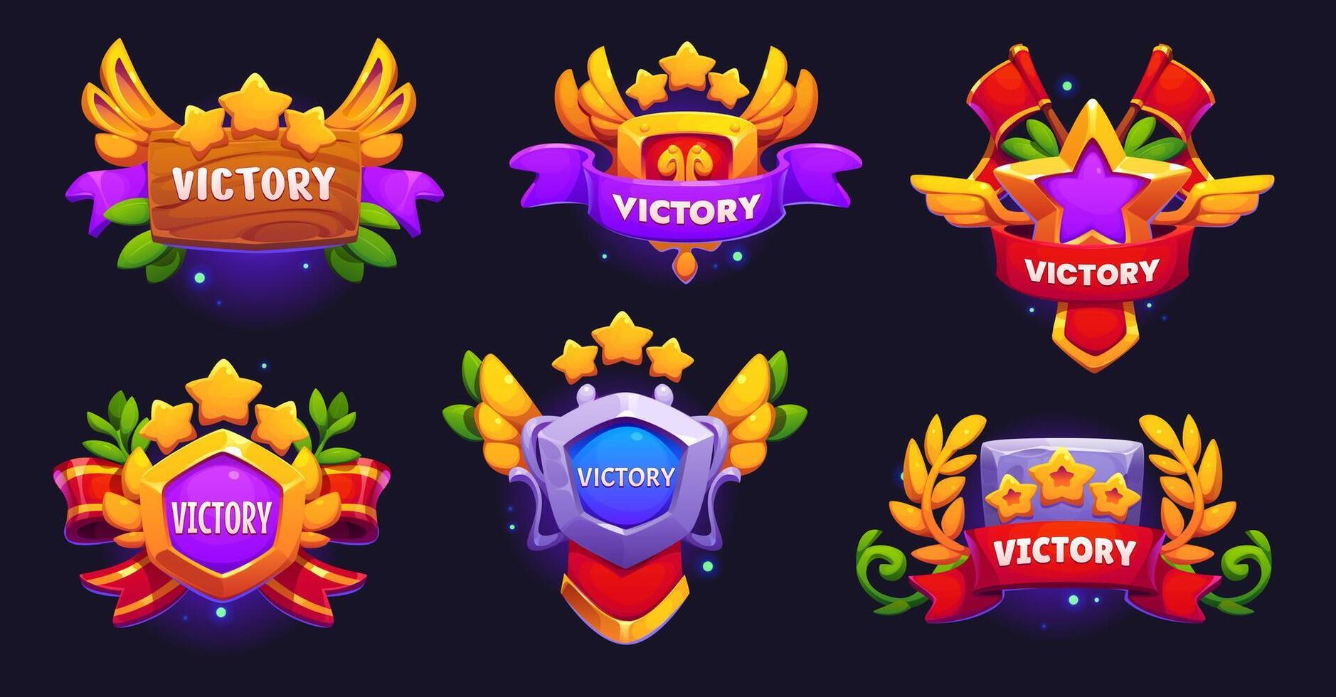 Game victory icons, ui award badge assets, screens vector
