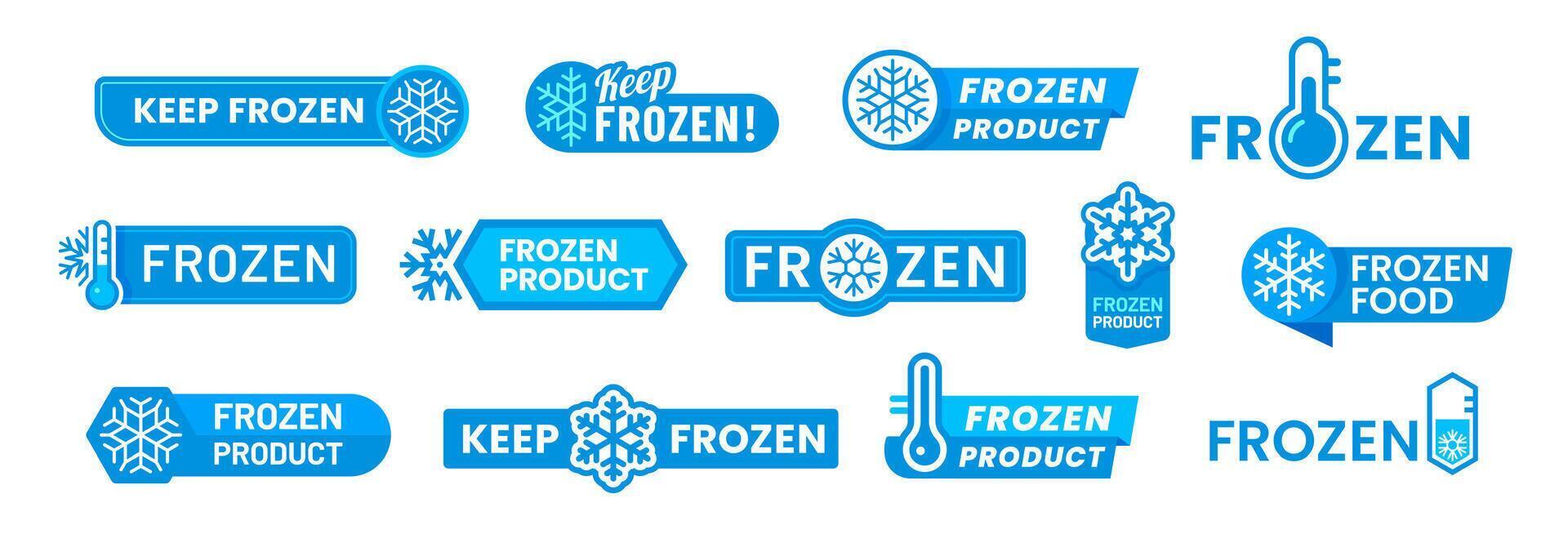 Frozen product icons, blue ice crystal labels set vector