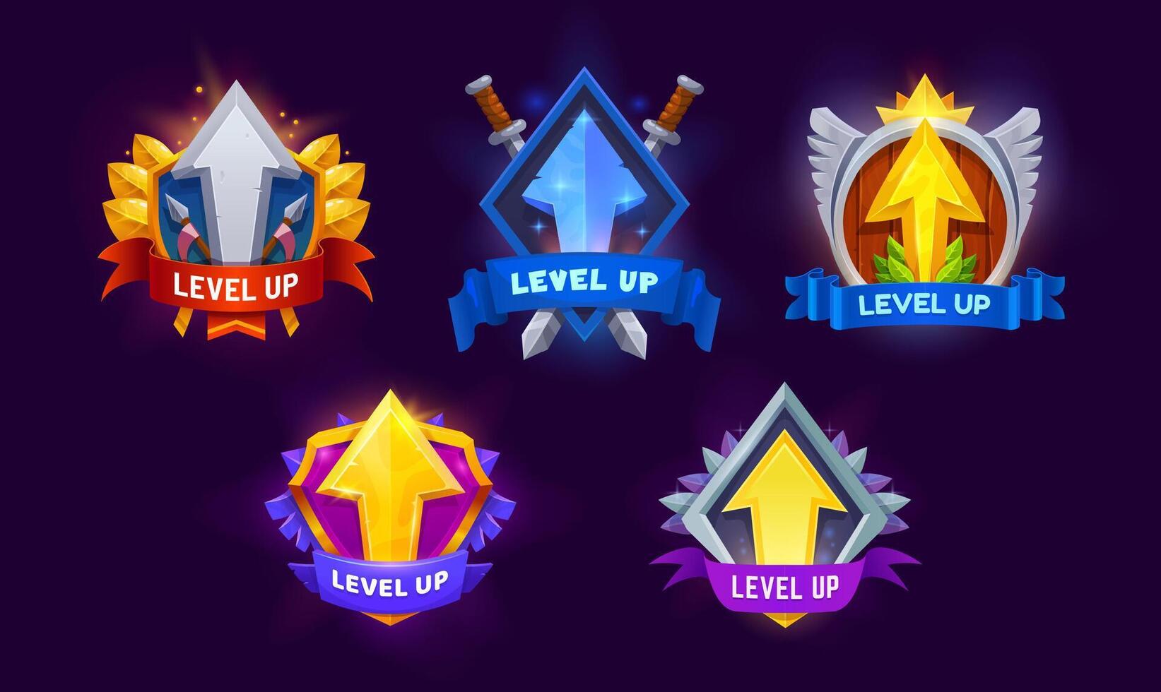 Level up award, reward badges game asset icons vector