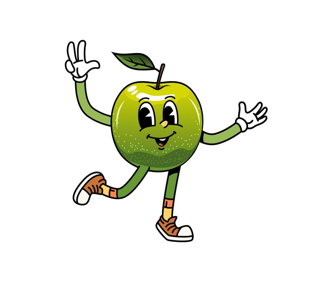 Cartoon groovy apple fruit character, funny emoji vector