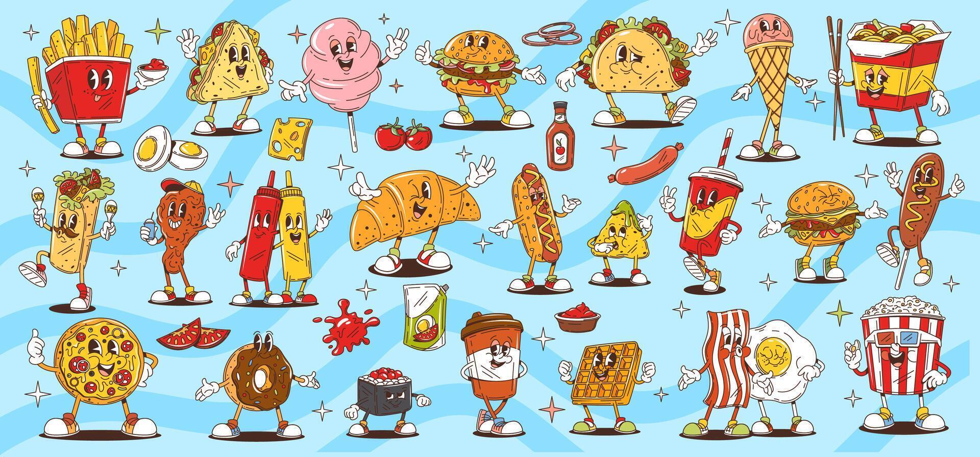 Cartoon retro groovy fast food funny characters vector