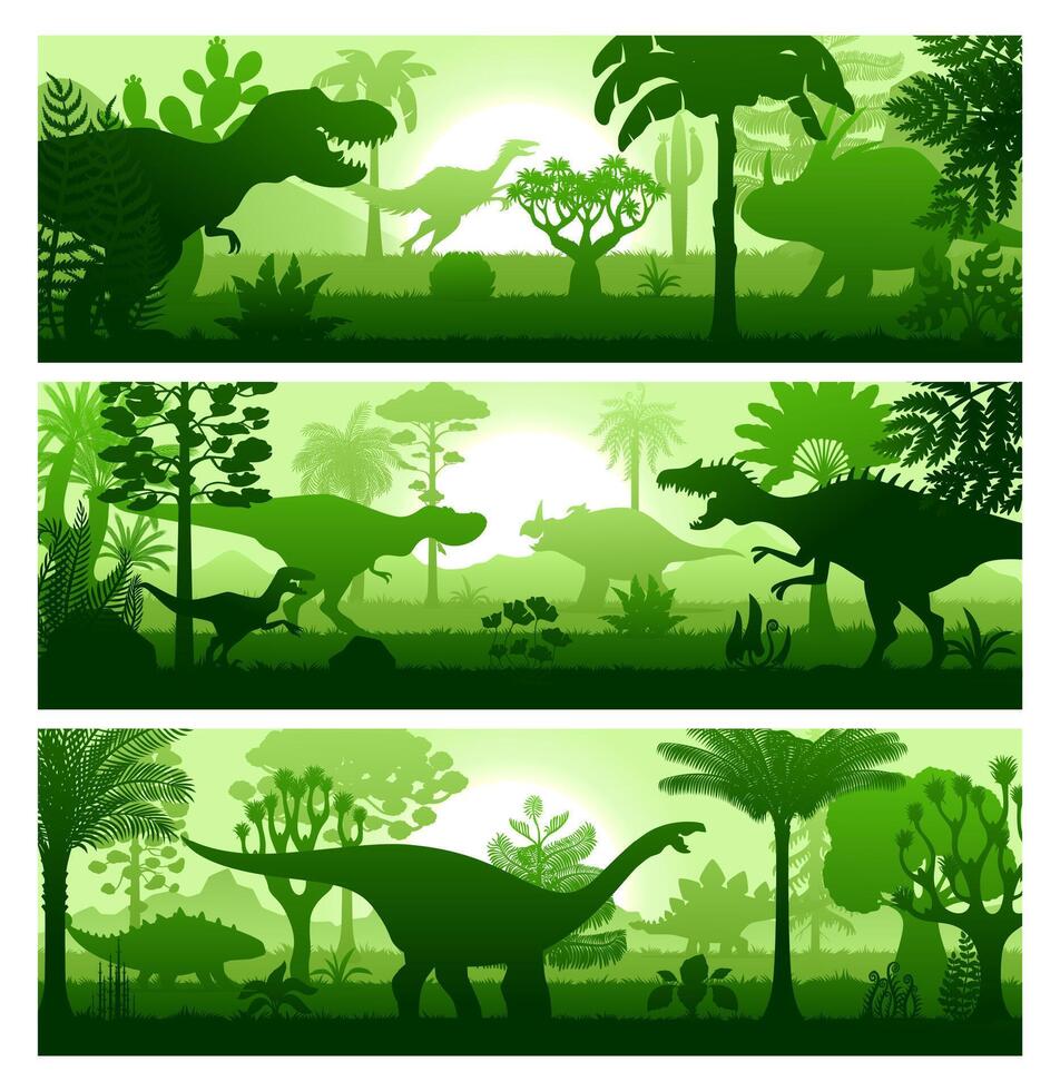 Prehistoric era dinosaurs at tropical forest vector