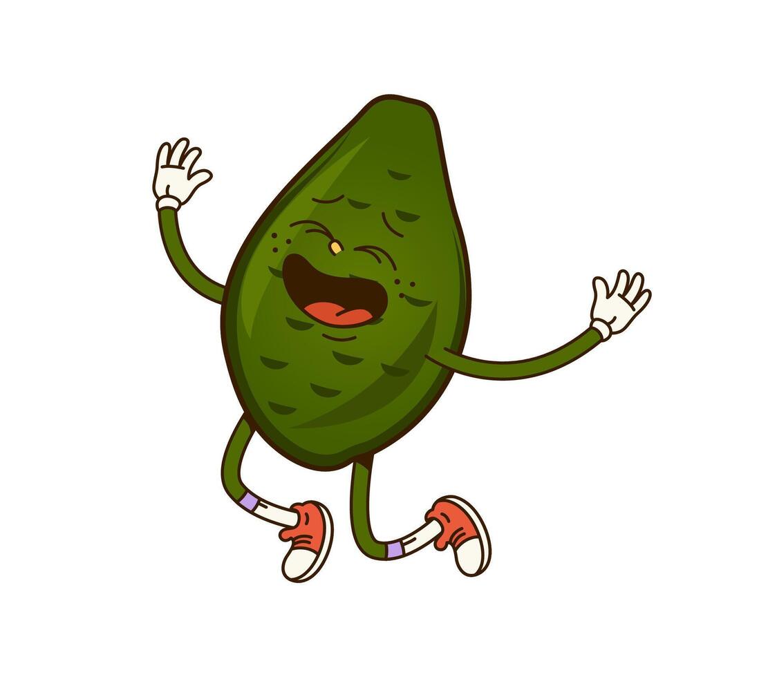 Cartoon retro groovy avocado fruit happy character vector