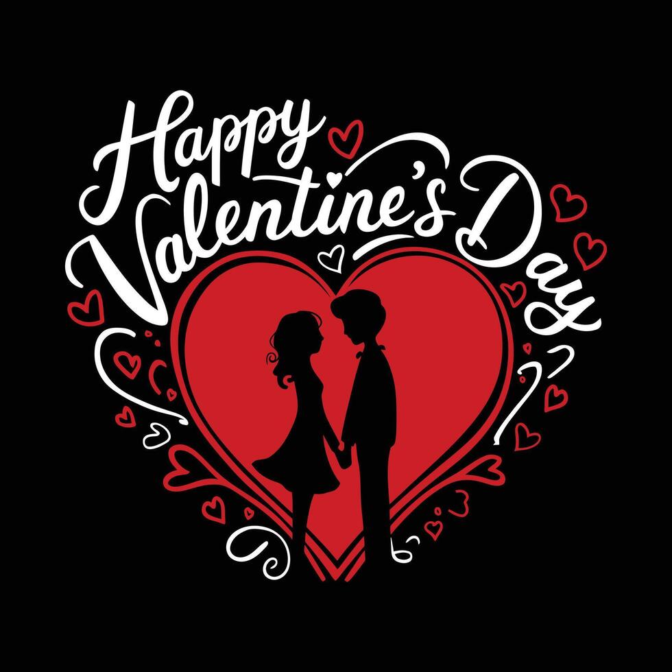 Happy Valentine's Day typography, t shirt design graphic with a couple in a heart. vector