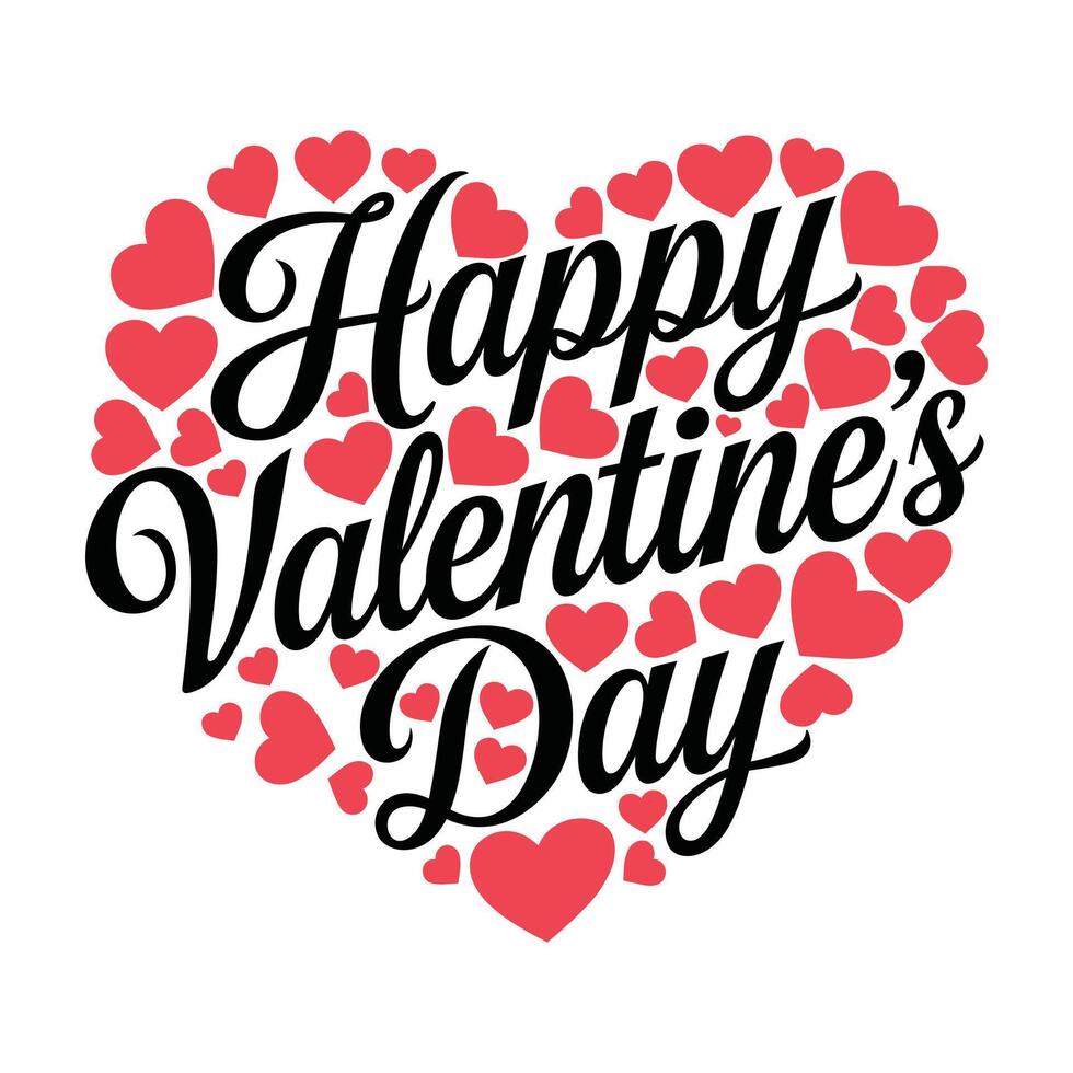 Happy Valentine's Day. Handwritten calligraphic lettering with red hearts. vector